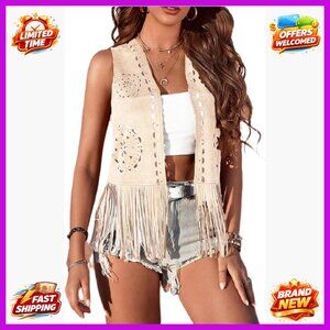 Faux Suede Fringe Vest Sleeveless Western Cowgirl Jacket Outerwear